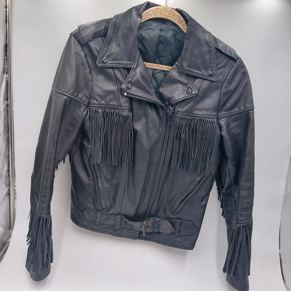 Vtg Taurus Leather Fringe Jacket Womens L Black Motorcycle Western Biker Canada